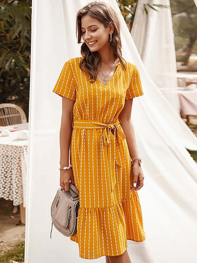 Aachoae V Neck Casual Stripe Dress Short Sleeve Office Midi Dress Fashion Lady A Line Dresses Bandage Sundress Vestidos Mujer