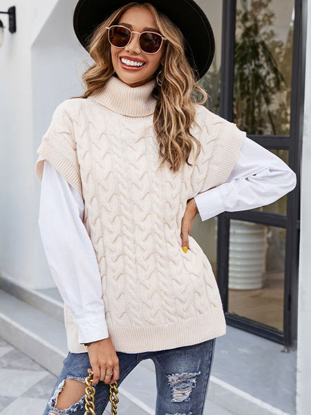 CRLAYDK 2022 Winter Women's Sweater Sleeveless Turtleneck Wide Shoulder Knitted Sweater Jumpers Chic Pullovers Tops Chunky