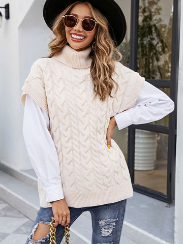 CRLAYDK 2022 Winter Women&#39;s Sweater Sleeveless Turtleneck Wide Shoulder Knitted Sweater Jumpers Chic Pullovers Tops Chunky