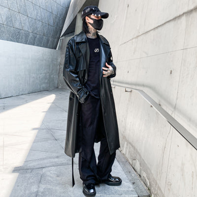 Men Hip Hop Long PU Leather Trench Jacket Windbreaker 2022 Autumn Black Waterproof Long Jacket Coat Harajuku Trench