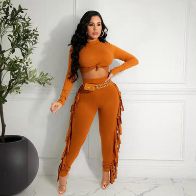 74D8287 Autumn Winter Women Casual Fashion Sexy Solid Skinny Tassel Two Piece Set Top and Pants Tracksuit Sweatsuit Outfits Hot