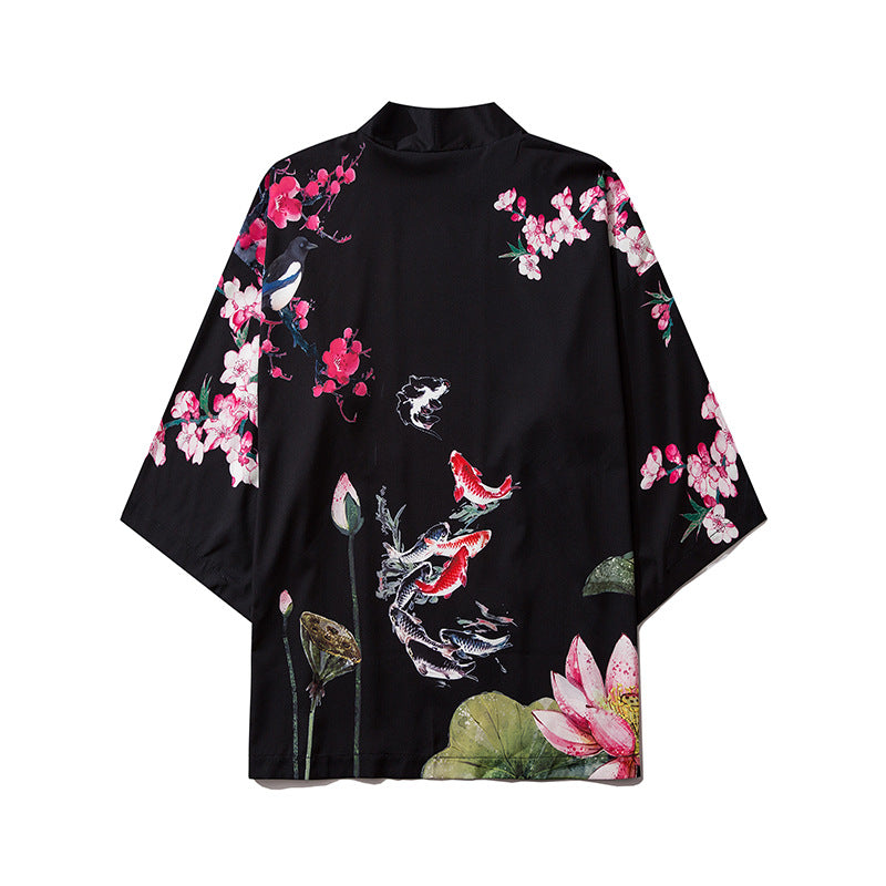 Chinese Style Lotus Carp Print Kimono Fashion Men Women Cardigan Blouse Top Vintage Japanese Streetwear Asian Clothes кардиган