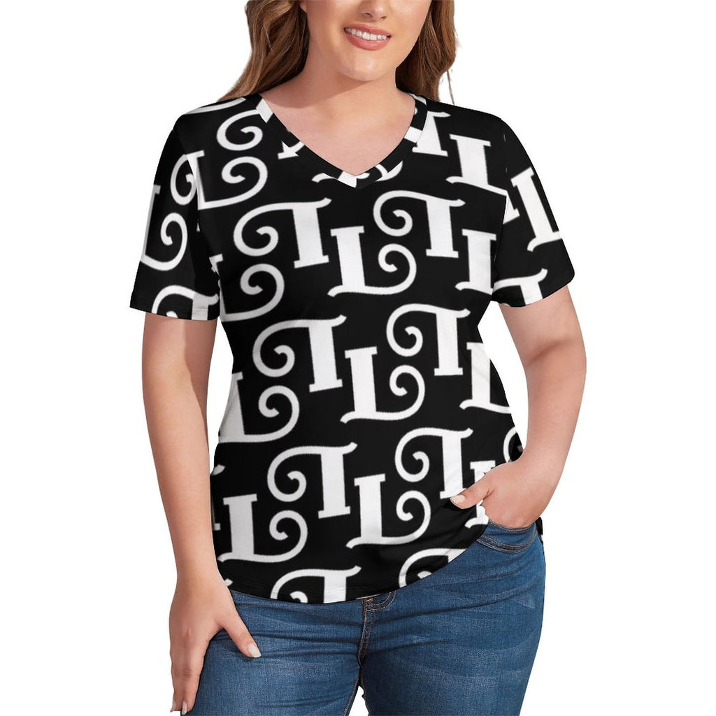 Abstract Letters Print T-Shirt Love Heart Print Vintage T-Shirts V Neck Short Sleeve Tops Women Casual Top Tees Plus Size 4XL