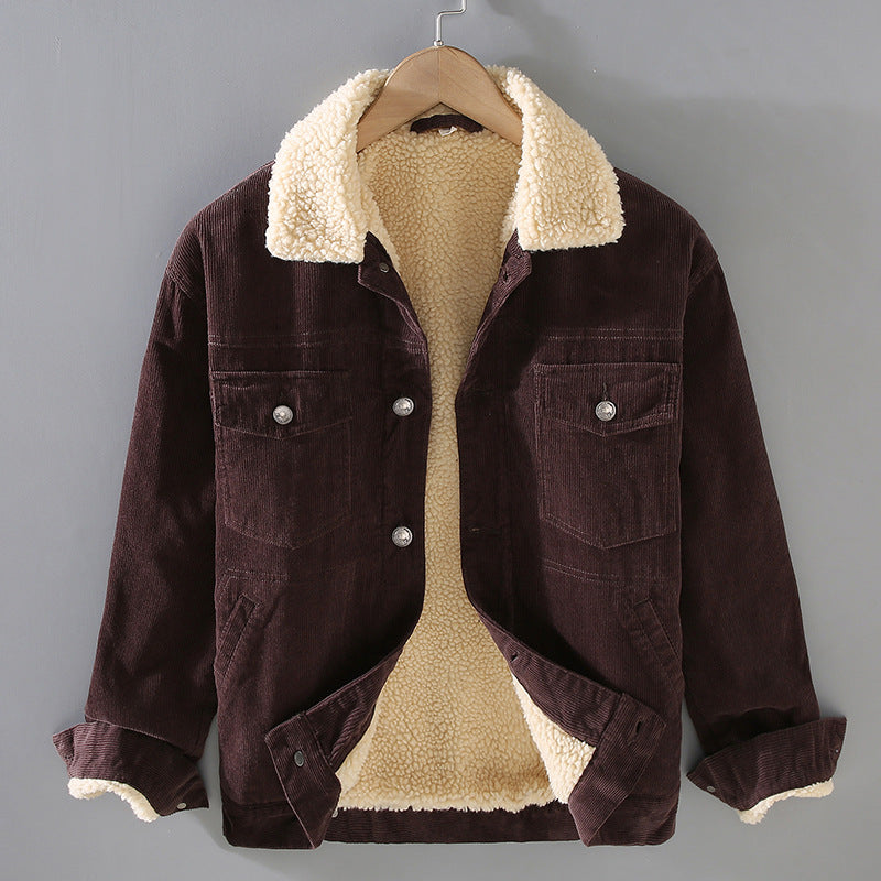 Winter Heavyweight Vintage Cargo Jacket Men Long Sleeve Imitation Wool Lining Fleece Corduroy Coat Simple Casual Pockets Clothes