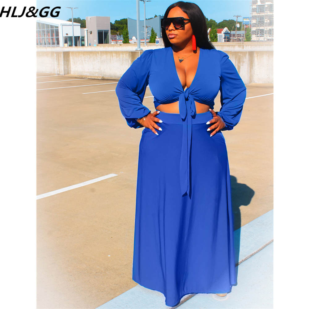 HLJ&amp;GG Casual Solid Color Plus Size Skirt Two Piece Sets Women Deep V Bandage Long Sleeve Crop Top + A-line Skirts Outfits 5XL