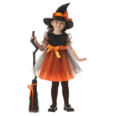 Kid's Pumpkin Faerie Witch Princess Cosplay Costumes Rayon Silk Grenadine Dresses Hat Belt 3Pcs Set Halloween Cosplay Costumes