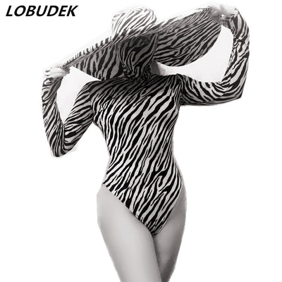 Black White Zebra Stripes Bodysuit Big Hat Women Nightclub Costume Teams Catwalk Stage Wear Bar Jazz DJ Pole Dancing Jumpsuit