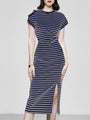 Formal Dress Dark Blue Striped Off Shoulder Short Sleeve Split Pencil Dress 2022 Elegant Slim Bodycon Party Dress