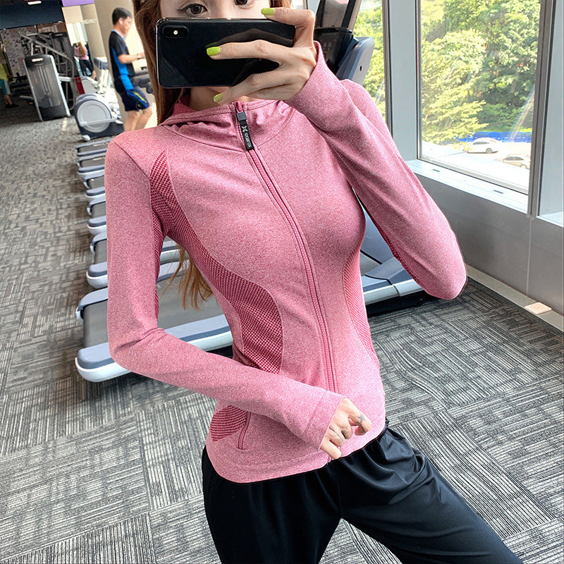 Women Zipper Long Sleeve HoodIes High Elastic Skinny Workout Yoga Shirts with Thumb Hole Breathable Fitness Sportswear Jacket