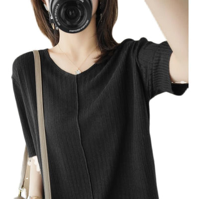 Spring and summer V-neck ice silk short-sleeved T-shirt loose thin knitting new simple round neck pullover blouse women