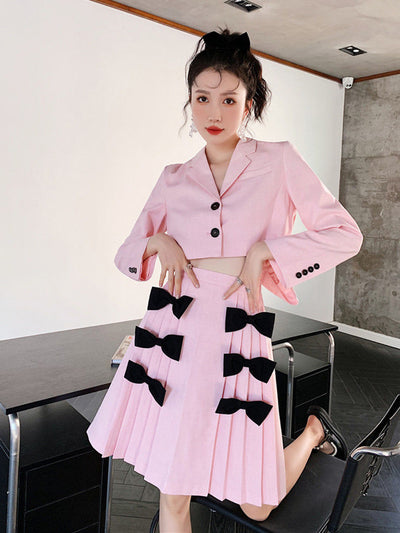 Pink Sweet Back Bow Short Blazer For Women Long Sleeve Notched Collar Cute Coat Female Fashion 2022 Spring B126
