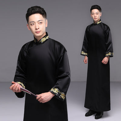 Groomsman Mens Traditional Chinese Wedding Gown Clothes Tang Costume Annual Meeting Modern Cheongsam Black Robe Chinoise