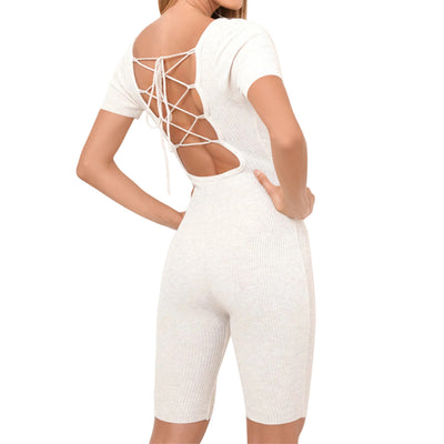 Women Bodycon Playsuit Short Sleeve Sexy Skinny Backless Jumpsuit Summer 2021 Casual Fitness Romper Jumpsuits Shorts