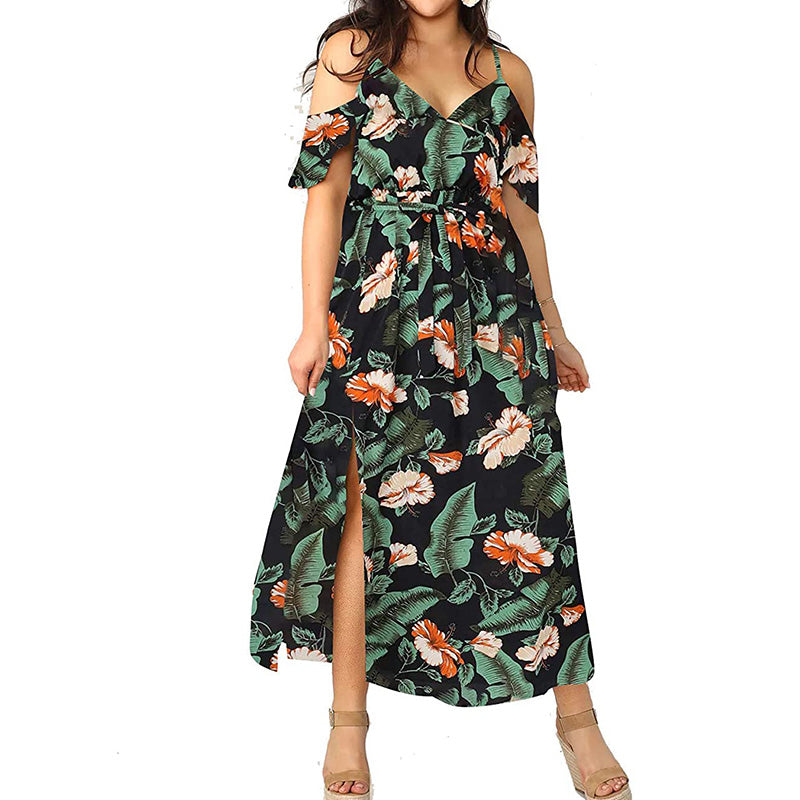 Bohemian Leaves Floral Print Off Shoulder Short Sleeve Summer Office Lady V-Neck Side Slit Plus Size Women Suspender Long Dress