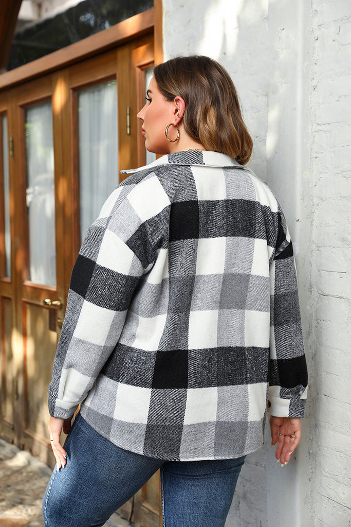 2022 Women Plus Size Fall Shirts Casual Plaid Coat Spring Casual Drop Shoulder Coat Single Breasted Patch with Pocket