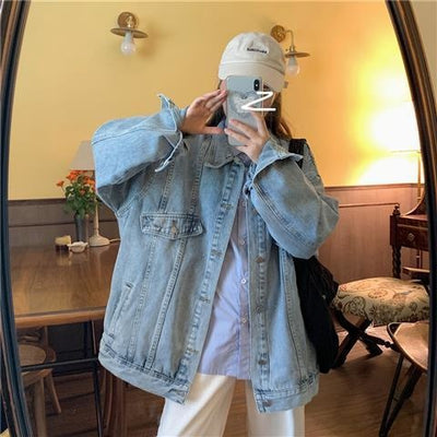 Jacket Jeans Women Denim Coat Korean Style Designer Single Breasted Solid Pockets Fashion Turn-down Loose Casual Denim Women