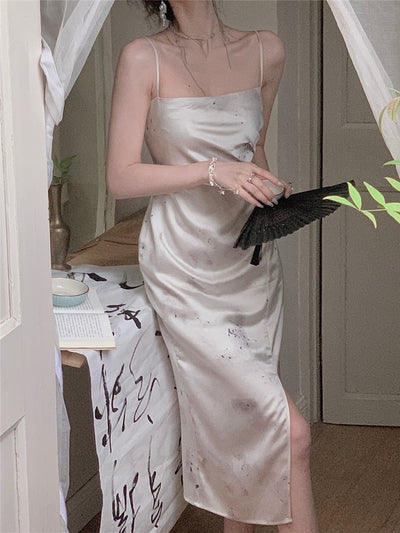 Midi Dress Sexy Women Korea Summer 2022 Fashion Lady Elegant Print Sleeveless Evening Party Vintage Satin Dresses Female Clothes
