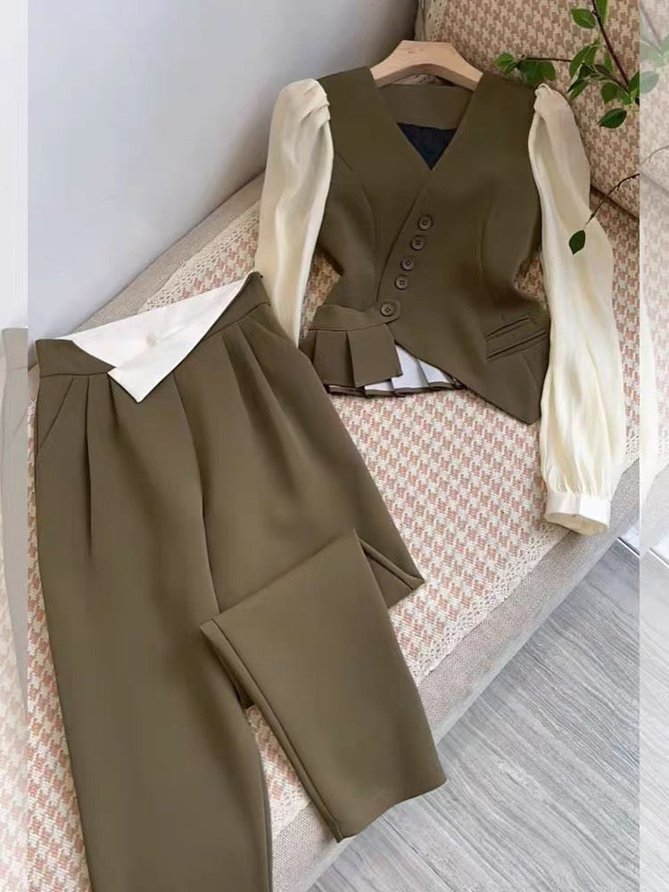Women&#39;s Autumn British Style Trousers Suit V-neck Irregular Short Small Blazer and Wide Leg Trousers Two Office Ladies Piece Set