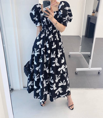 Elegant Sexy Off Shoulder Print Long Dress Chic Square Collar Floral Dress Women Summer Puff Sleeve A Line Casual Dresses 21252