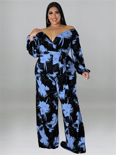 Wmstar Plus Size Jumpsuit Women with Bandage V Neck Flower Print Fall One Piece Outfit Wide Leg Bodysuit Wholesale Dropshipping