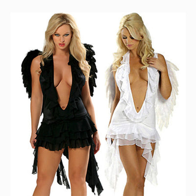 hot sex free shipping Female black and white Angel costume for halloween lace dress for woman with wing halloween costume