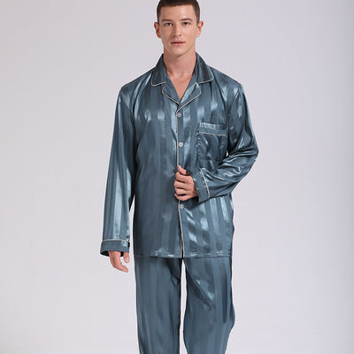 Lisacmvpnel European Size Men's Spring Long Sleeved Pajama Set Ice Silk Pajamas Set Striped Pattern Casual Sleepwear