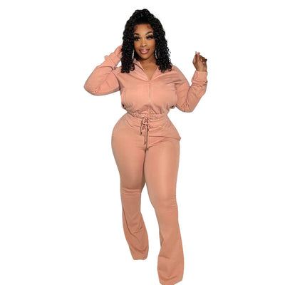 Simple Casual Two Piece Pant Suits Women Tracksuit Zipper Up Long Sleeve Drawstring Crop Jacket+elastic Waist Flare Pant Outfits