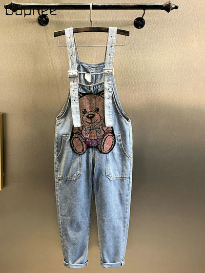 Spring and Autumn New Women&#39;s Diamond Bear Denim Overalls Jeans Female Korean-Style Loose Slimming and Fashionable Rompers Jeans