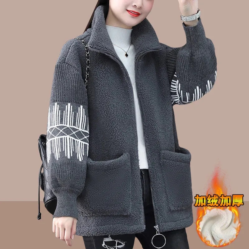 Add Velvet Thicken Female Hoodie Jacket Autumn Winter 2022 New Loose Fashion Splicing Pocket Imitate Lambswool Women&#39;s Coat