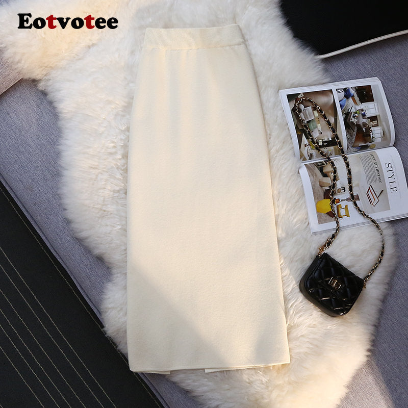 Eotvotee Khaki Side Split Sexy Knitted Long Skirt for Women 2022 Autumn Winter Elastic Band Fashion Casual Pencil Midi Skirts
