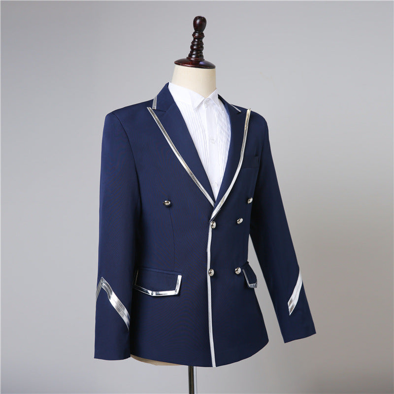 Men&#39;s 2 piece Set Navy Blue Suit Singer Stage Performance Costumes Mens Slim Double-breasted Wedding Suit