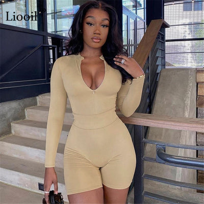 Jeyzy Two Piece Tight Set Women Bodysuit Tops And Shorts Long Sleeve Zip Up Black White Khaki Sexy Bodycon Outfits 2pcs Sets