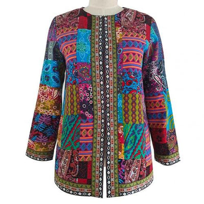 Women Autumn Winter Ethnic Floral Print Long Sleeve Loose Jacket Coat Cardigan