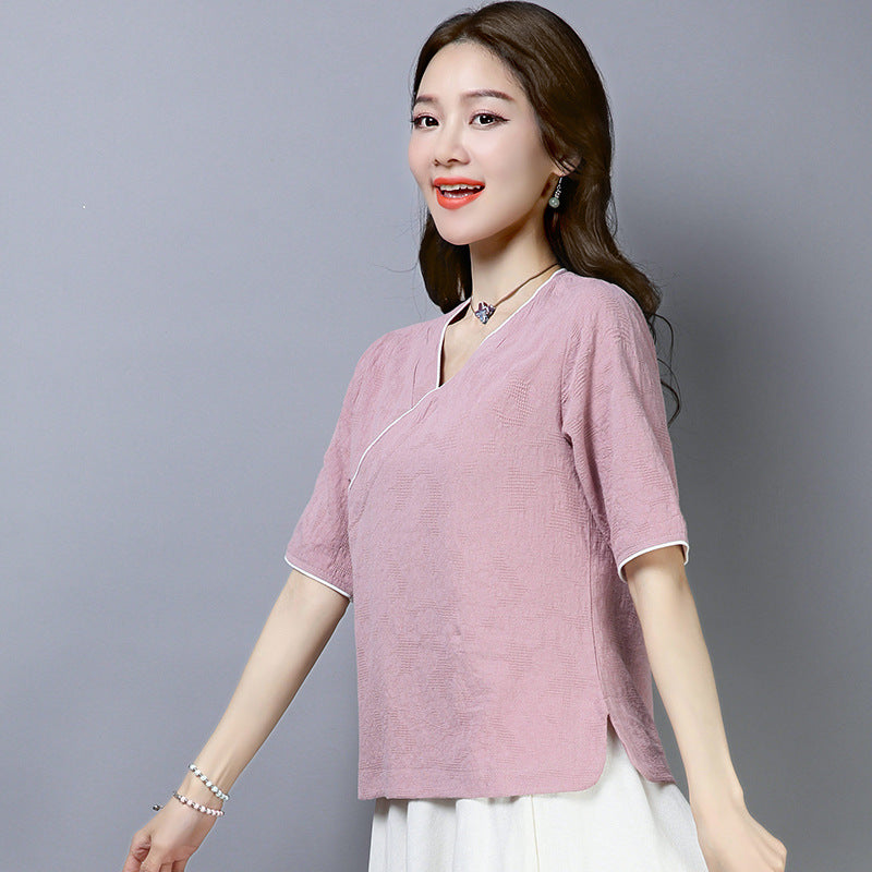 Summer Retro Women Shirt Sexy V-neck Tang Sit Short Sleeve Blouse Cotton Linen Tang Shirt Elegant Female Cheongsam Tops