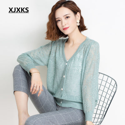 XJXKS Fashion V-neck Women Thin Cardigan 2021 Fall New Lace Hollow Single-breasted Cardigan Women Sweater