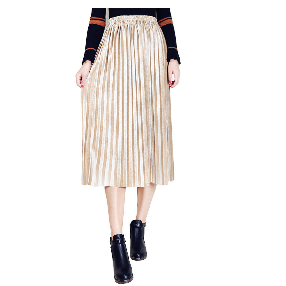 Autumn and Winter Large Mid High Waist Pleated Gold Velvet Half Length Skirt Women&#39;s Large skirts
