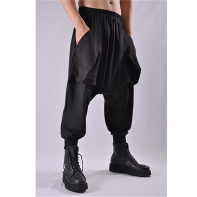 Men&#39;s Low Stop Harlan Pants Fall Solid Color Elastic Waist With Large Pocket Design Hanging Gear Fashionable Nine-Minute Pants