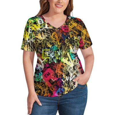 Funny Letter Print T Shirts Monster Alphabet Casual V Neck T-Shirt Short-Sleeve Hip Hop Plus Size Tees Pattern Tops Gift Idea