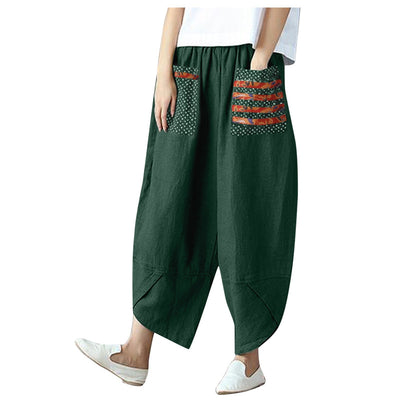 2022 Summer Women Cotton Linen Wide-Leg Pants Patchwork Loose Casual Trousers Thin Elastic Waist Big Pocket Comfortable Pants