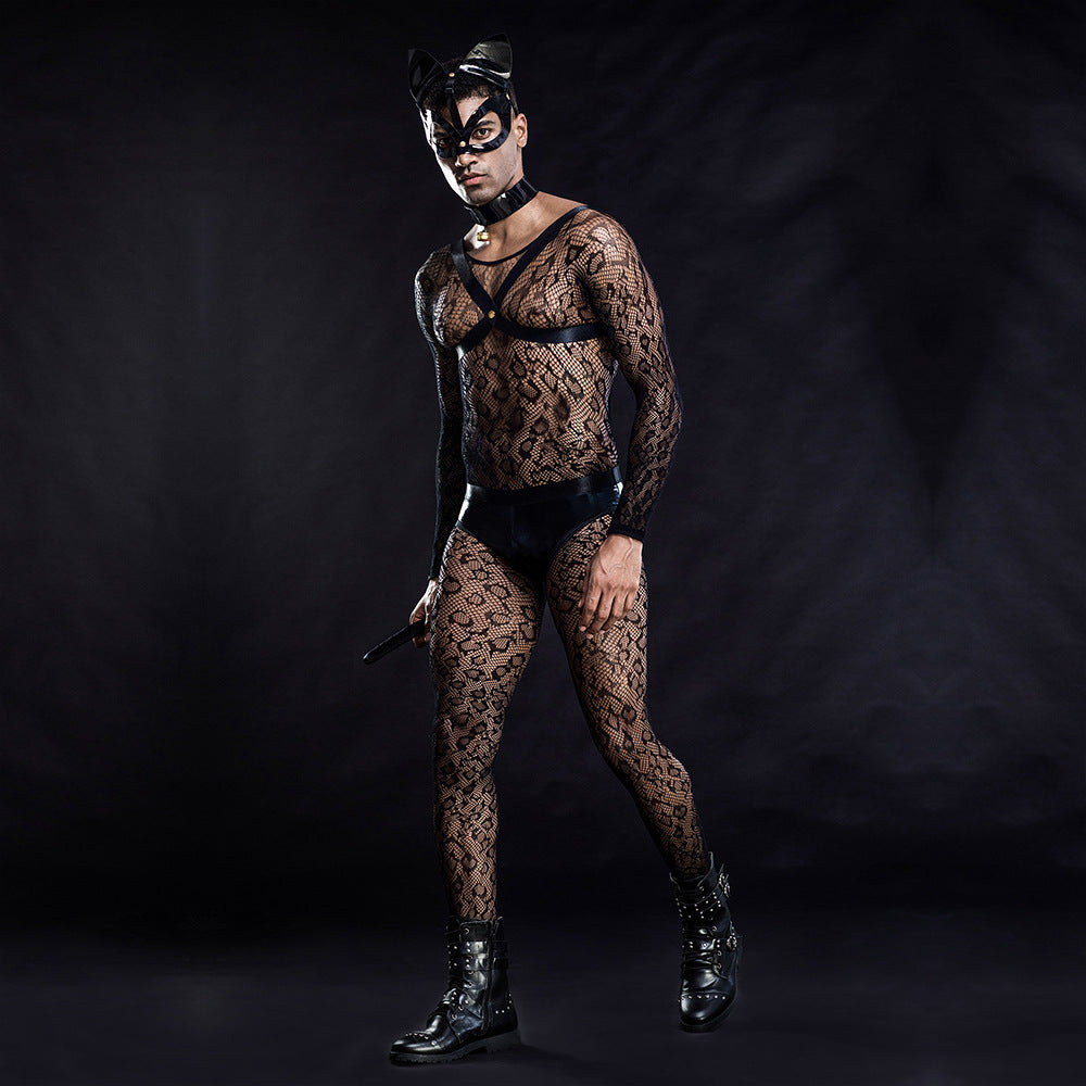 New Sexy cat man costumes cosplay outfit see through mesh bodysuit exotic apparel cat mask mens night club wear sexy costumes