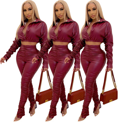2022 Spring Autumn Pleated PU Leather Stacked Flare Pants Outfits Casual 2 Piece Women Ruched Sleeve Crop Top Pant Matching Set