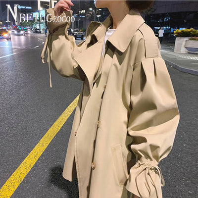2021 Spring New Drawstring Korean Women Trench Retro Flare Sleeve Female Coat