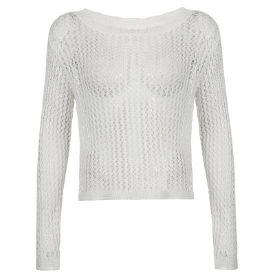 PixieKiki Aesthetic Y2k Tops White Hollow Out See Through Thin Knitted Sweater Women Casual Long Sleeve Crop Pullover P84-CG18
