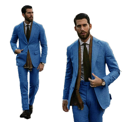 Blue Tweed Men Suits With Notch Lapel Costume Homme Tuxedo Slim Fit Prom Terno Masculino Blazer Groom Wear 2 Pcs (Jacket+Pant)