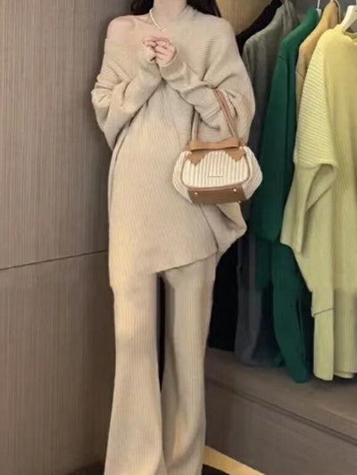 ZAWFL Knit Suit 2022 New Ladies Irregular Batwing Sleeve Temperament Sweater Wide Leg Pants Fashion Autumn Winter Two-Piece Suit