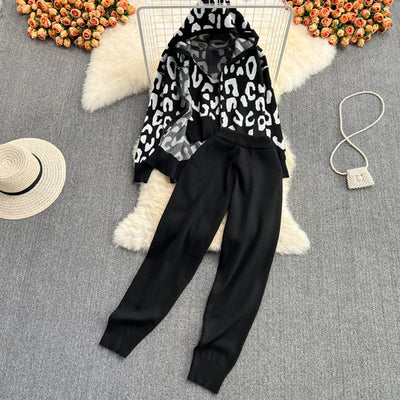 Nomikuma Conjuntos Feminino Elegante Leopard Print High Waist Wide Leg Knitted Ensemble Femme Retro Casual Sets Womens Outfits