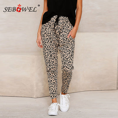 SEBOWEL Casual Woman&#39;s High Waist Skinny Leopard Print Pants with Pockets 2021 Female Elastic Waistband Drawstring Trousers S-XL