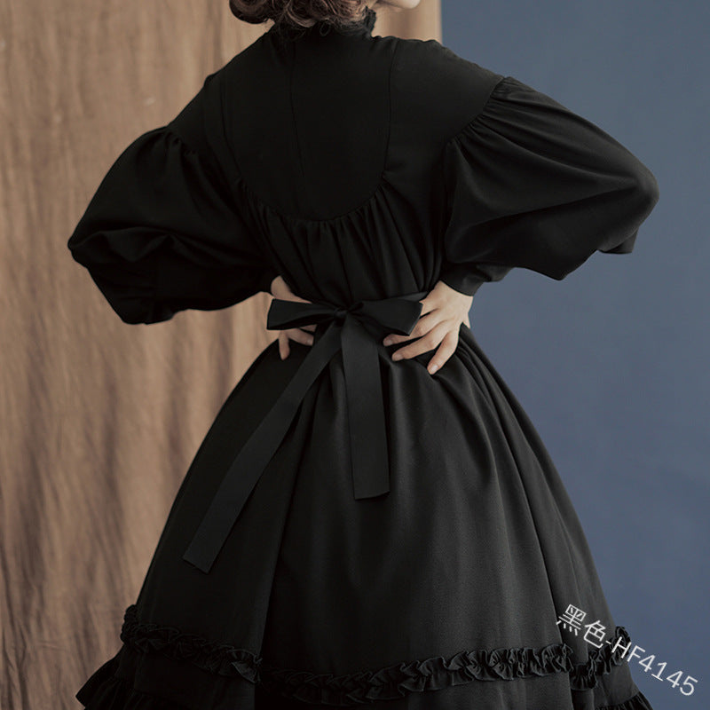 Gothic Lolita Dresses for Women Japanese Soft Lady Black Long Sleeve Princess Girl Skirt Button Lace Dress Halloween Costume