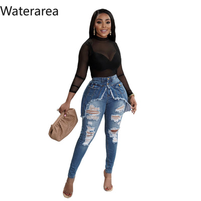 Waterarea New Sexy Jeans High Waist Hole Patch Designs Denim Flare Pants Fashion Streetwear Slim Jean Trousers for Women 2022