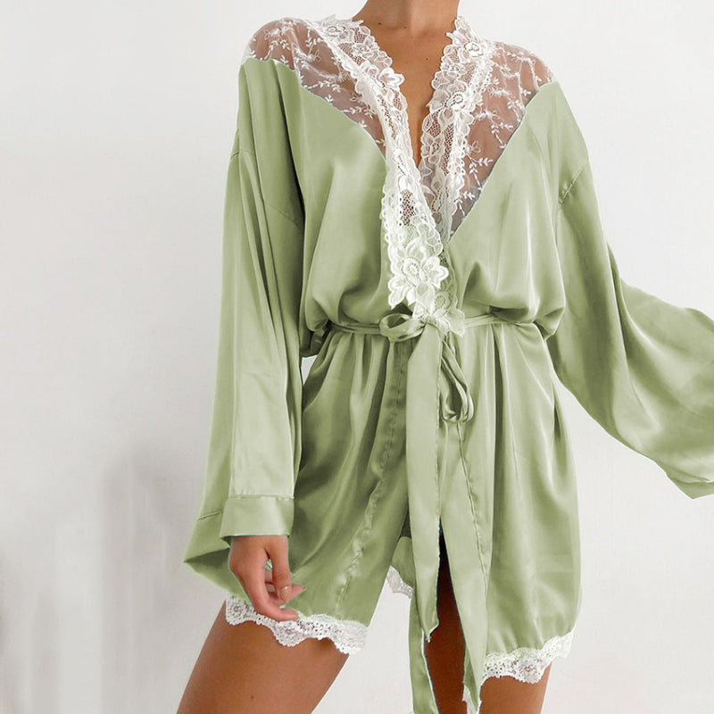 ZITY 2022 Summer Women Pajamas Lace Stitching Thin Long Sleeve Green Nightgown Short Imitation Silk French Casual HomeWear Women
